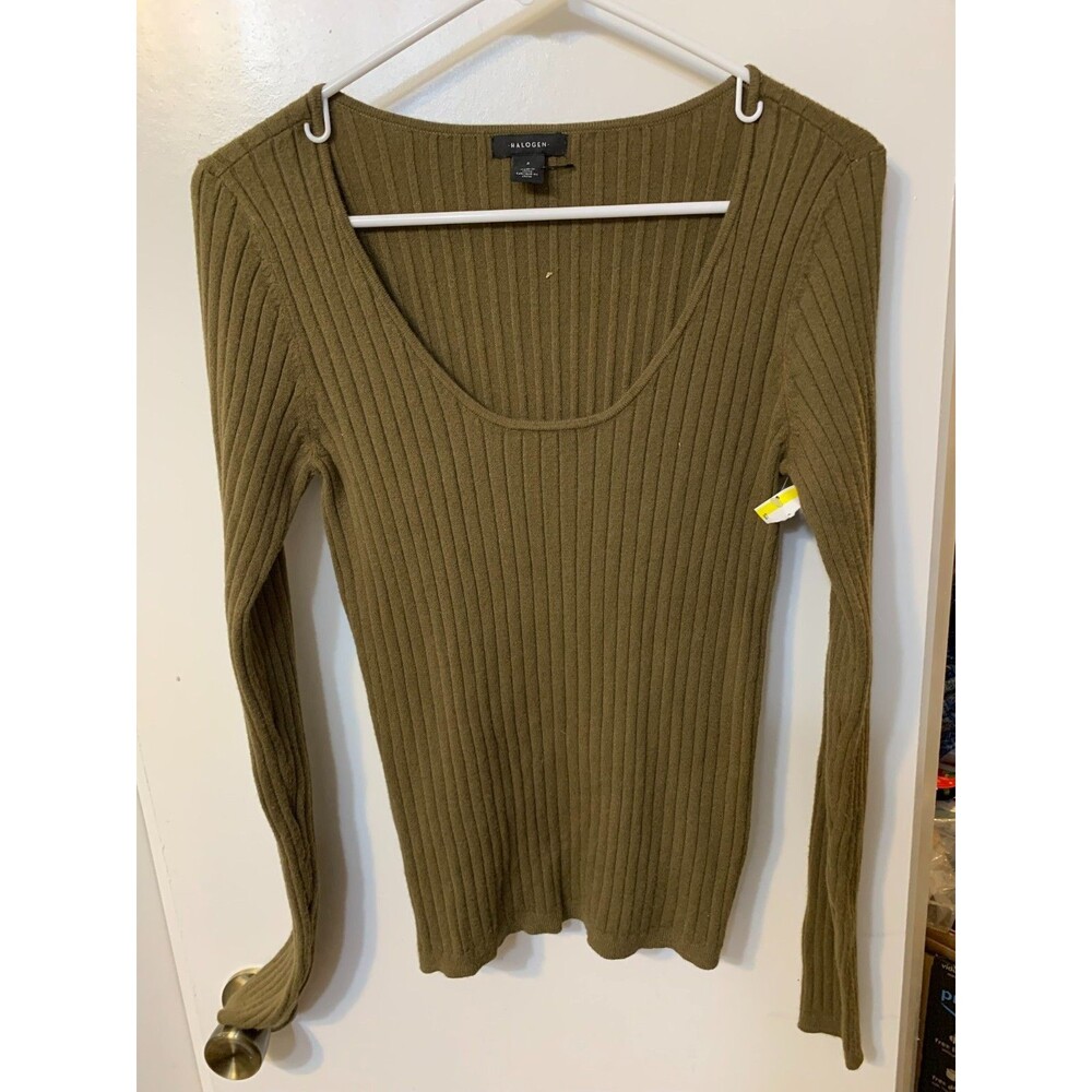 Long Sleeve Top Olive Ribbed Knit Scoop Neck Comfortable Casual Top HALOGEN New